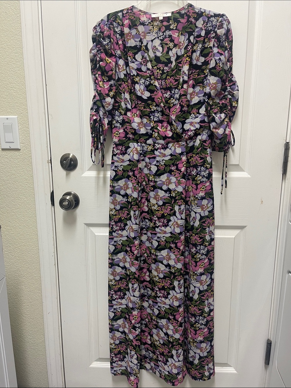 Wayf Black Floral Wrap Dress with Pink, Lavender and Green Accents size S EUC